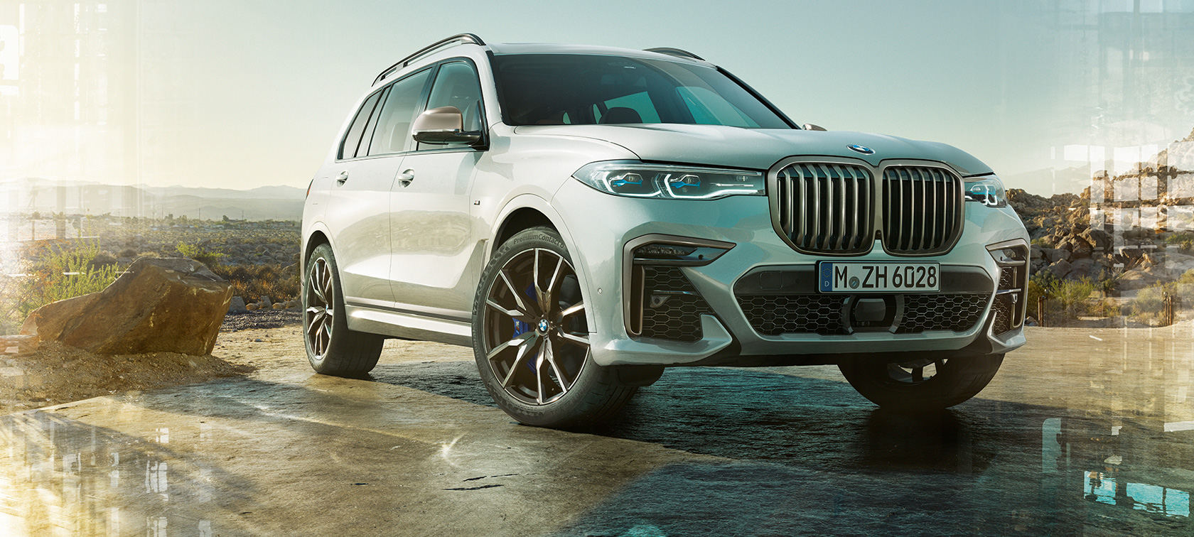 BMW X7 M automobili G07 2019 tročetvrtinski prednji prikaz BMW X7 M automobili G07 2019 Mineral bela boja, tročetvrtinski prednji prikaz parkiranog vozila
